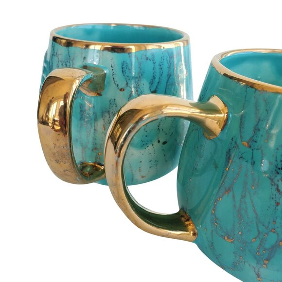 Kitsch Mugs 60s Vintage Ceramic Mom & Pop Rooster Hen Cups Turquoise Gold 24 oz - Picture 7 of 11